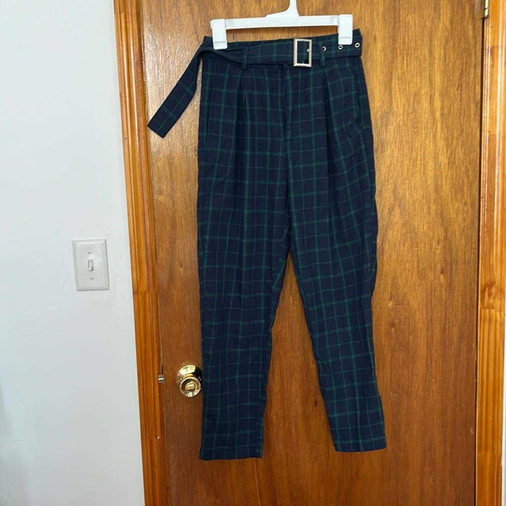Heartbreak navy green plaid pleated pants with matching belt